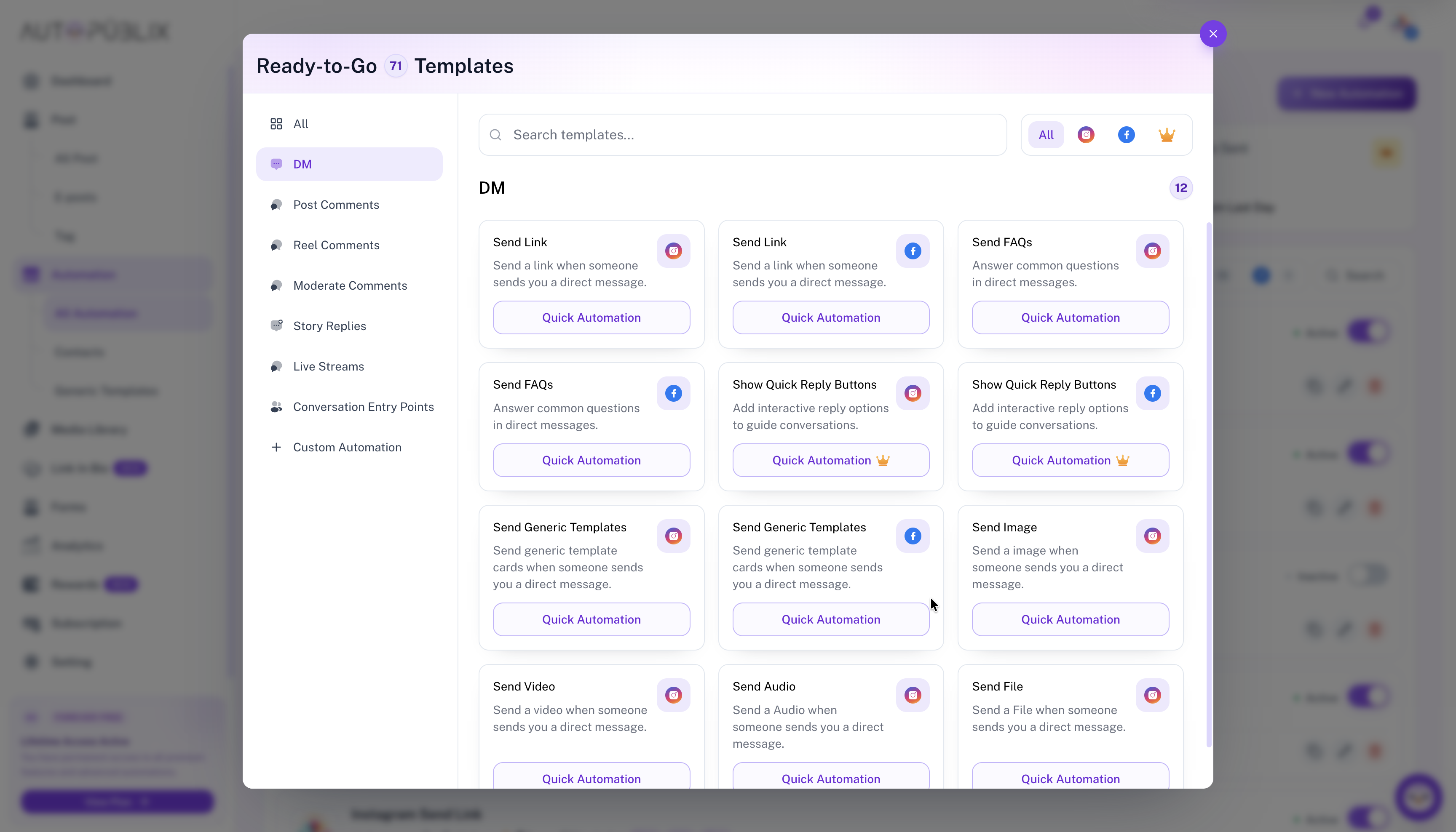 Ready-to-Go templates modal with DM category selected