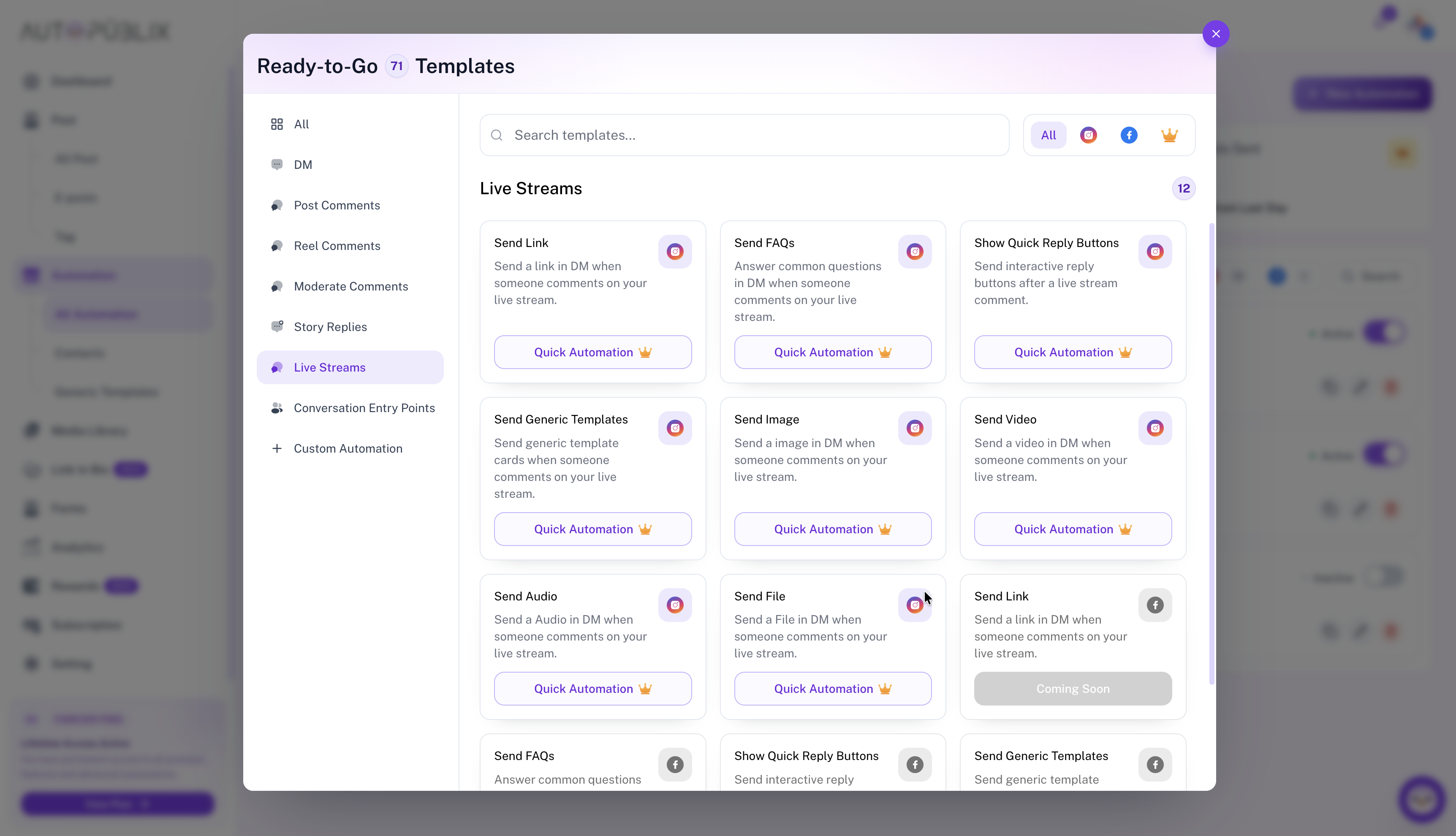 Ready-to-Go templates modal with Live Streams category selected
