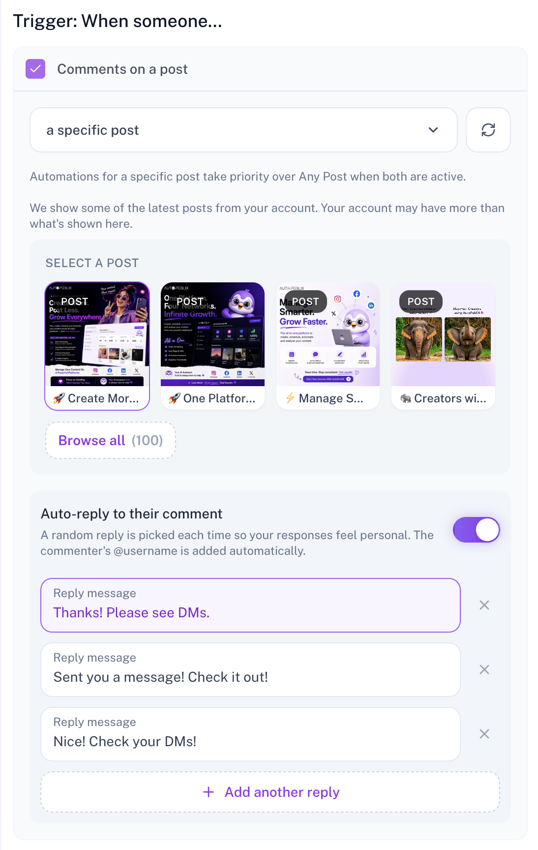 Post Comment trigger with specific post picker and auto-reply messages