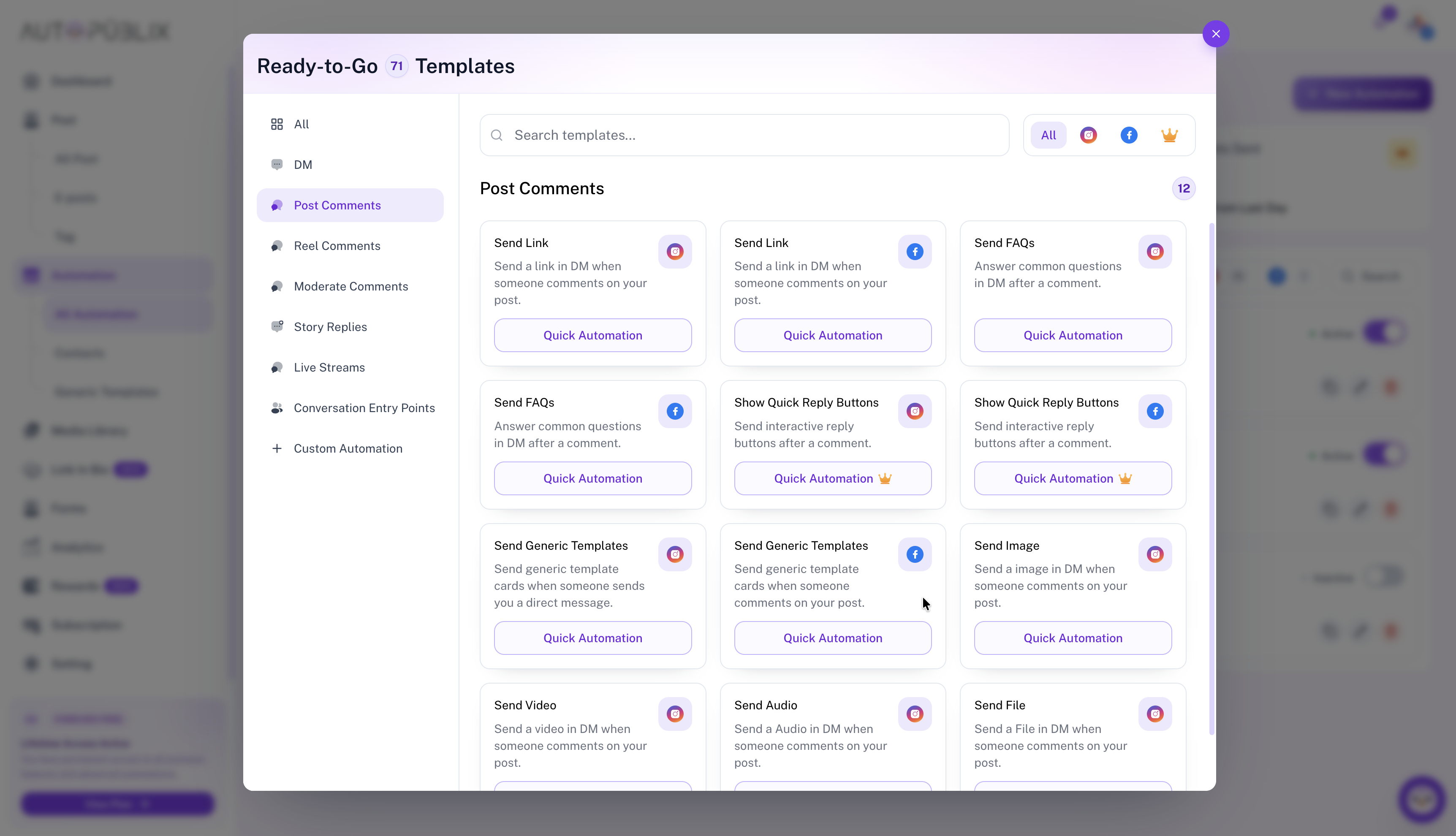 Ready-to-Go templates modal with Post Comments category selected