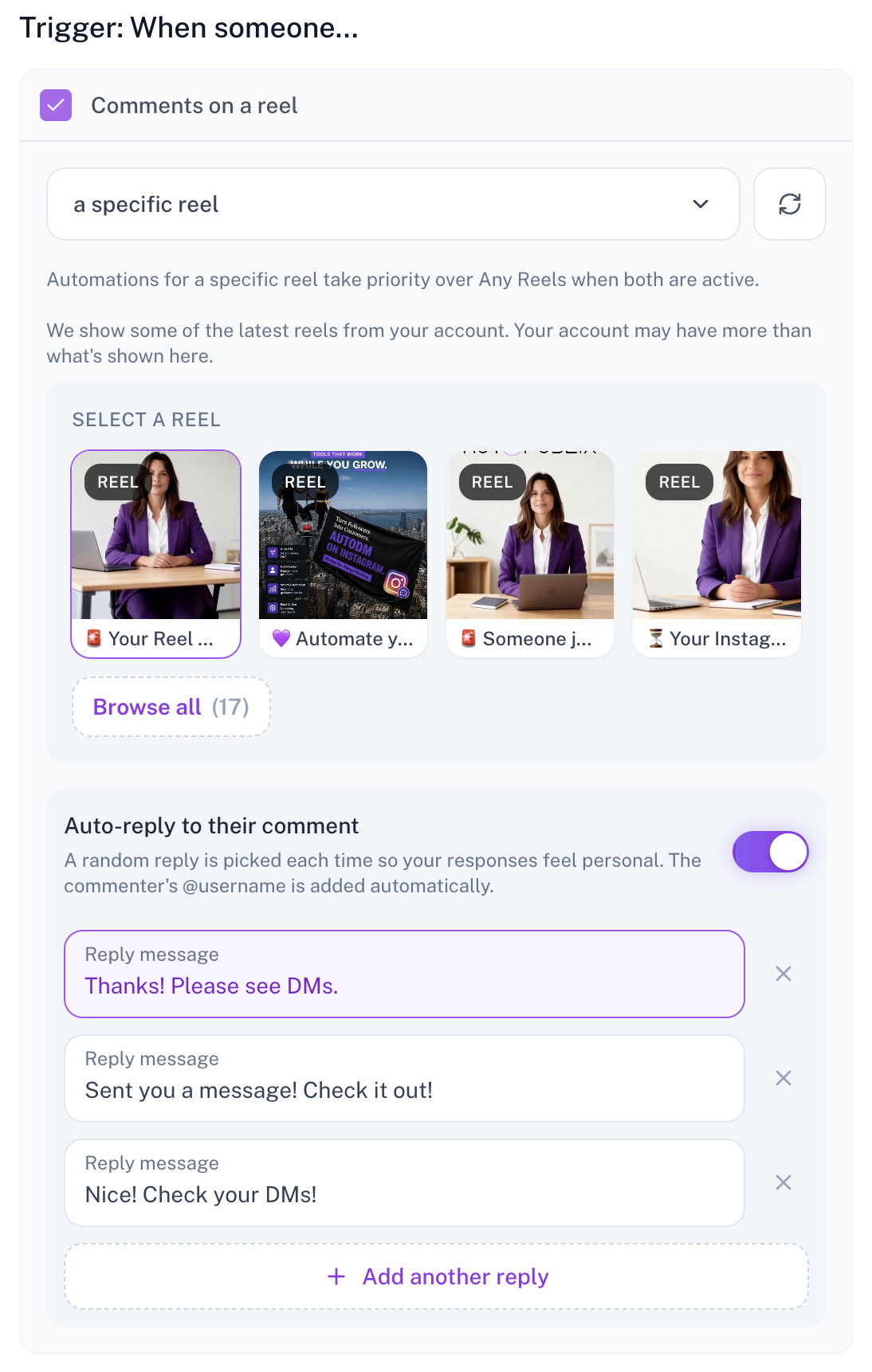 Reel Comment trigger with specific reel picker and auto-reply messages