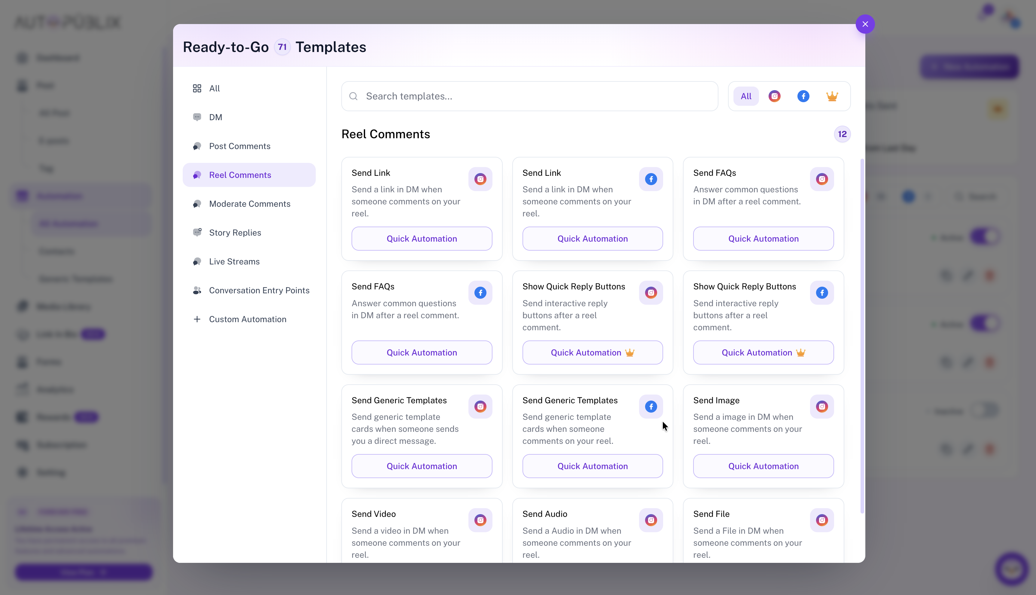 Ready-to-Go templates modal with Reel Comments category selected