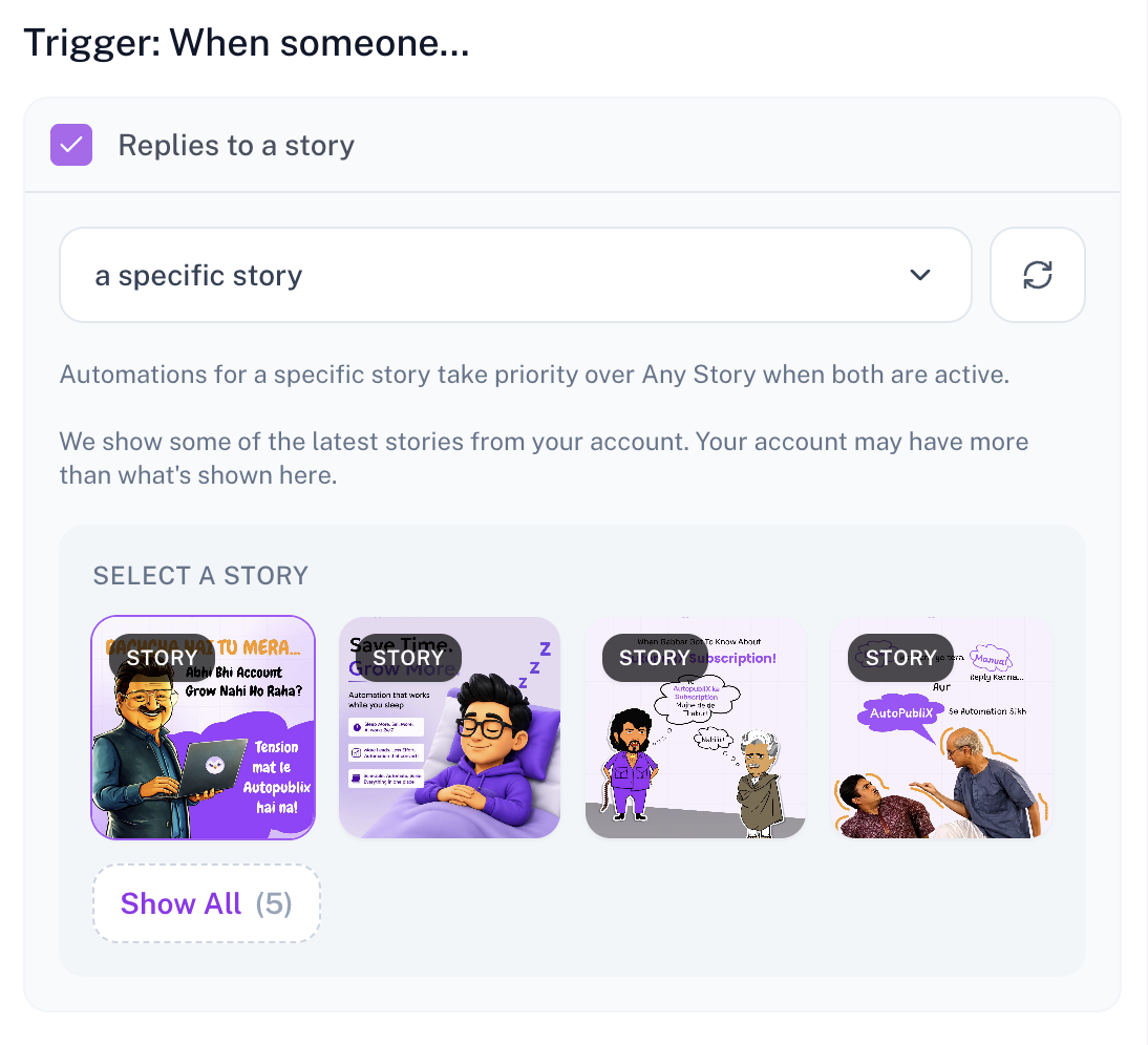 Story Replies trigger with specific story picker