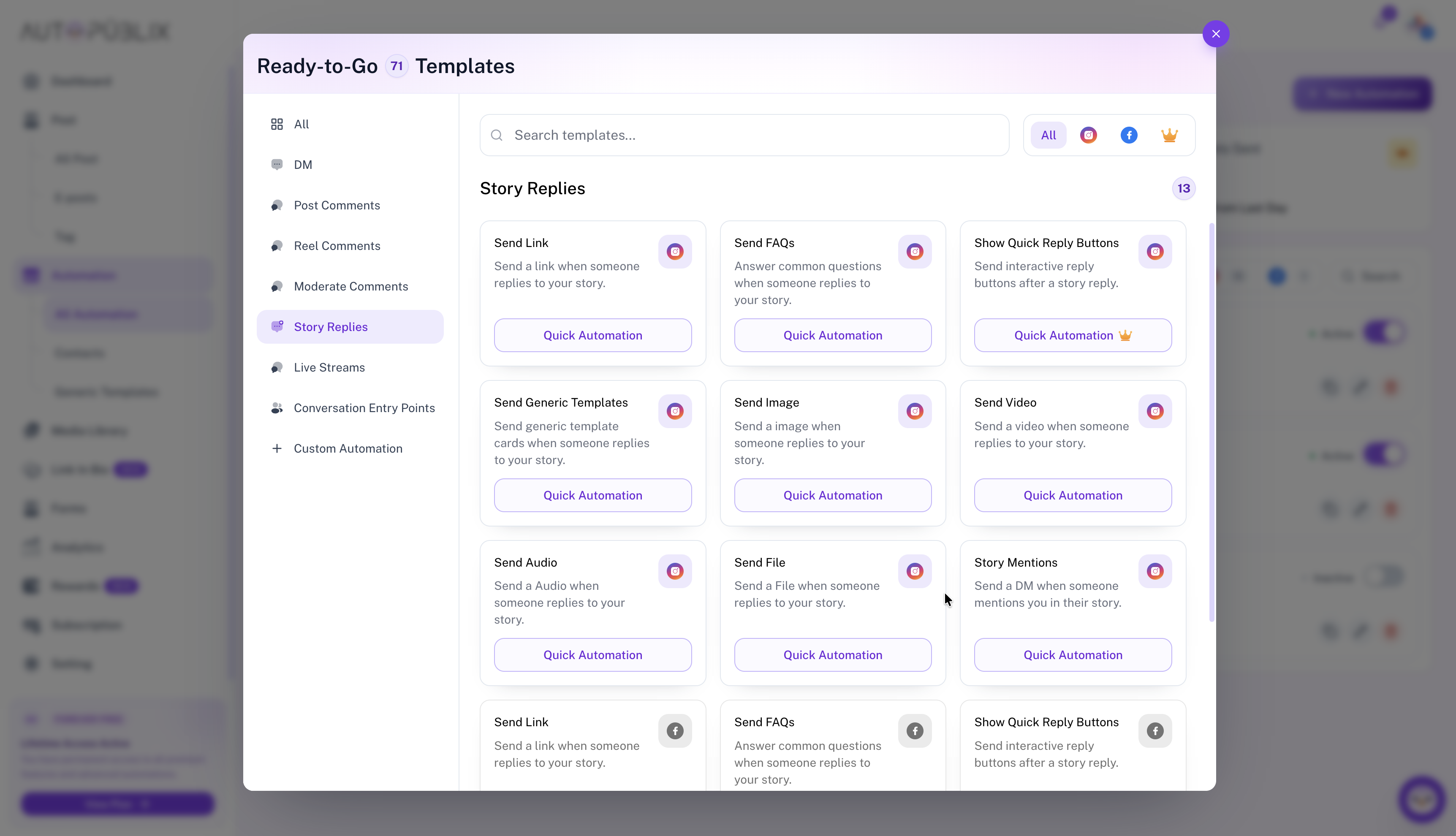 Ready-to-Go templates modal with Story Replies category selected