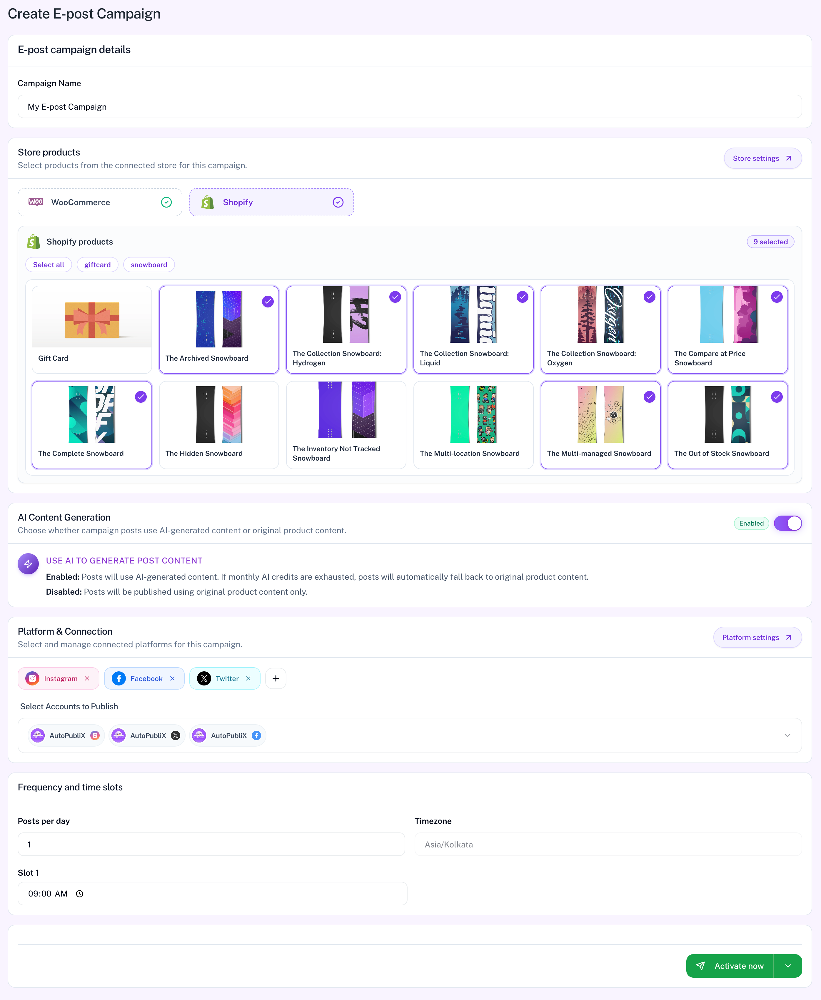 Create E-post Campaign form with store products, AI, platforms, and schedule