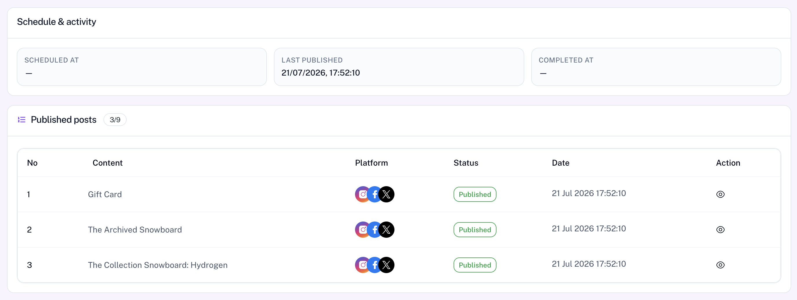 E-post campaign view showing Schedule and activity and Published posts