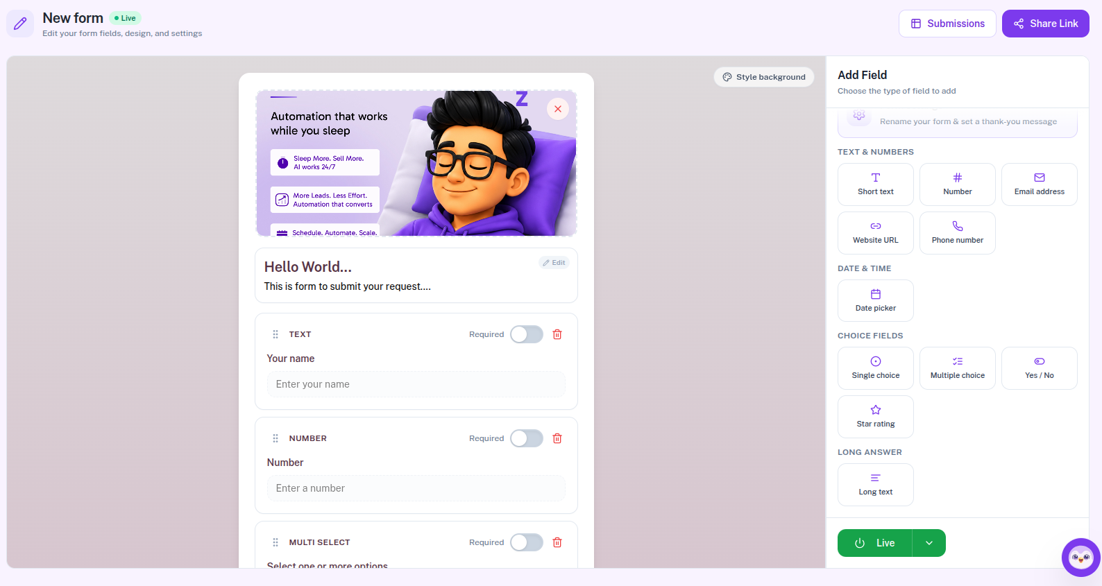 Form builder canvas and Add Field sidebar