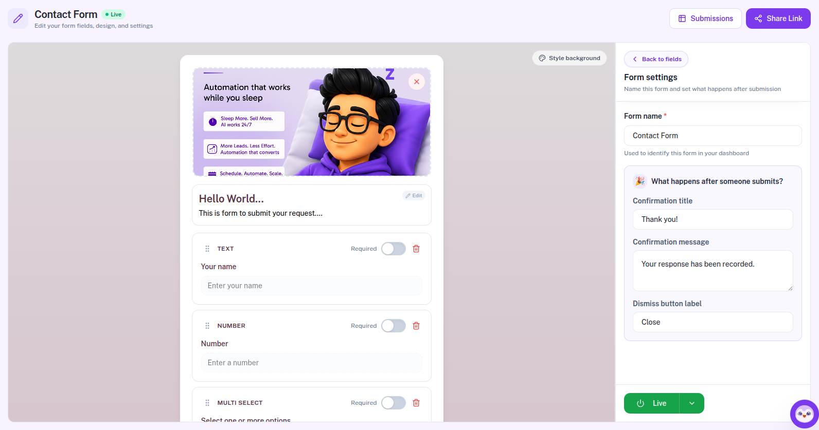 Form settings sidebar