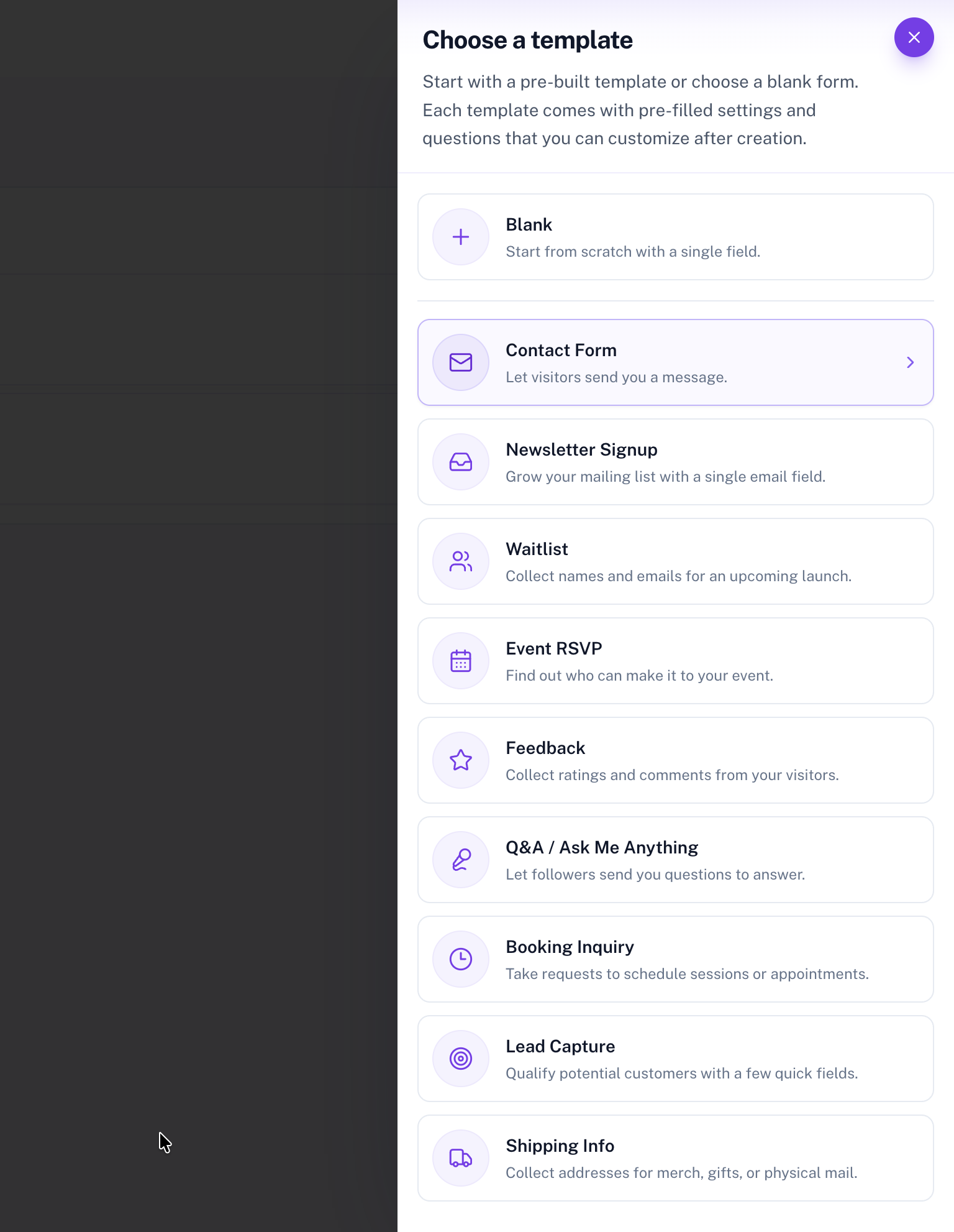 Choose a template panel with Blank and other form presets
