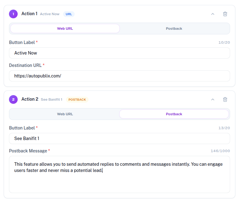 Actions buttons configuration