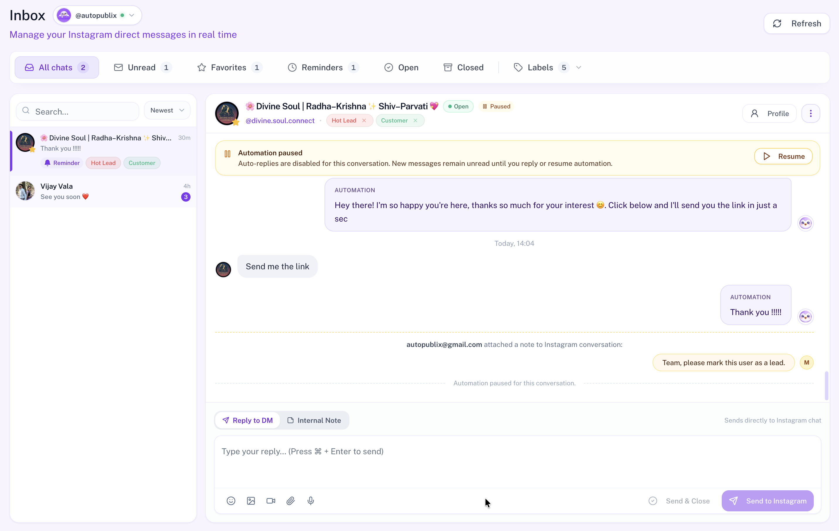 Inbox conversation with Paused badge and Automation paused banner with Resume button