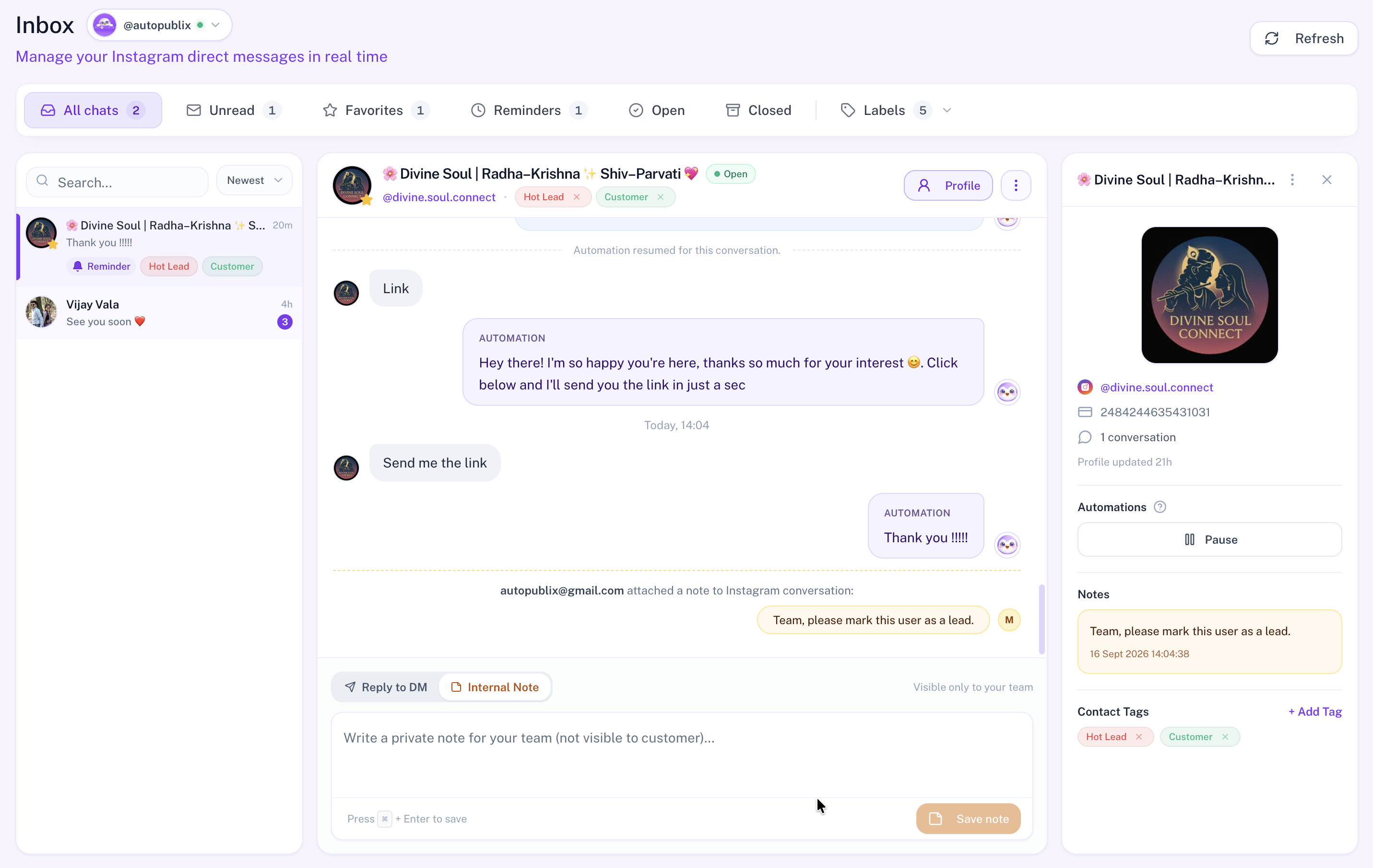 Inbox chat with Reply to DM and Internal Note composer, plus profile sidebar