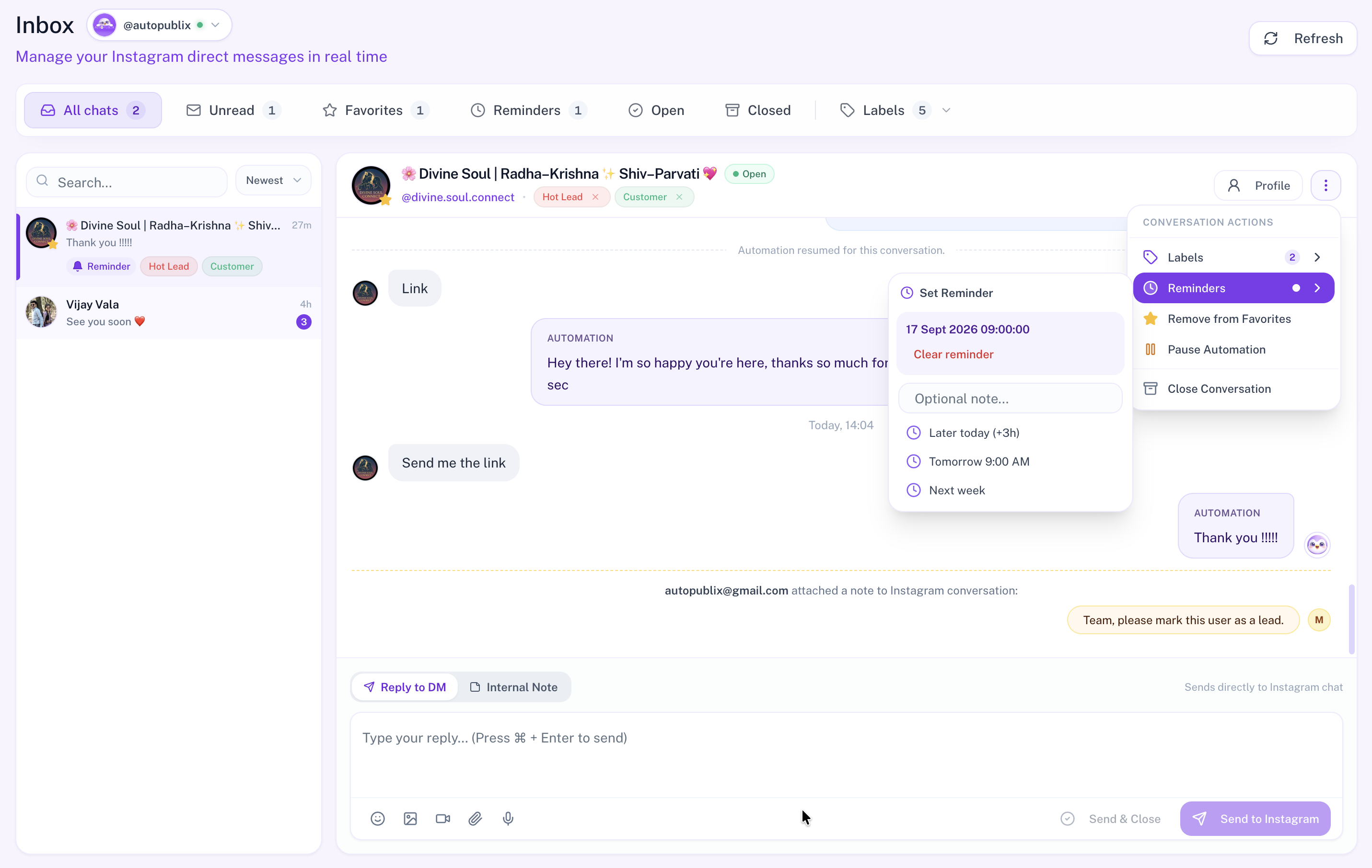 Conversation Actions menu with Reminders panel, Clear Reminder, and preset times