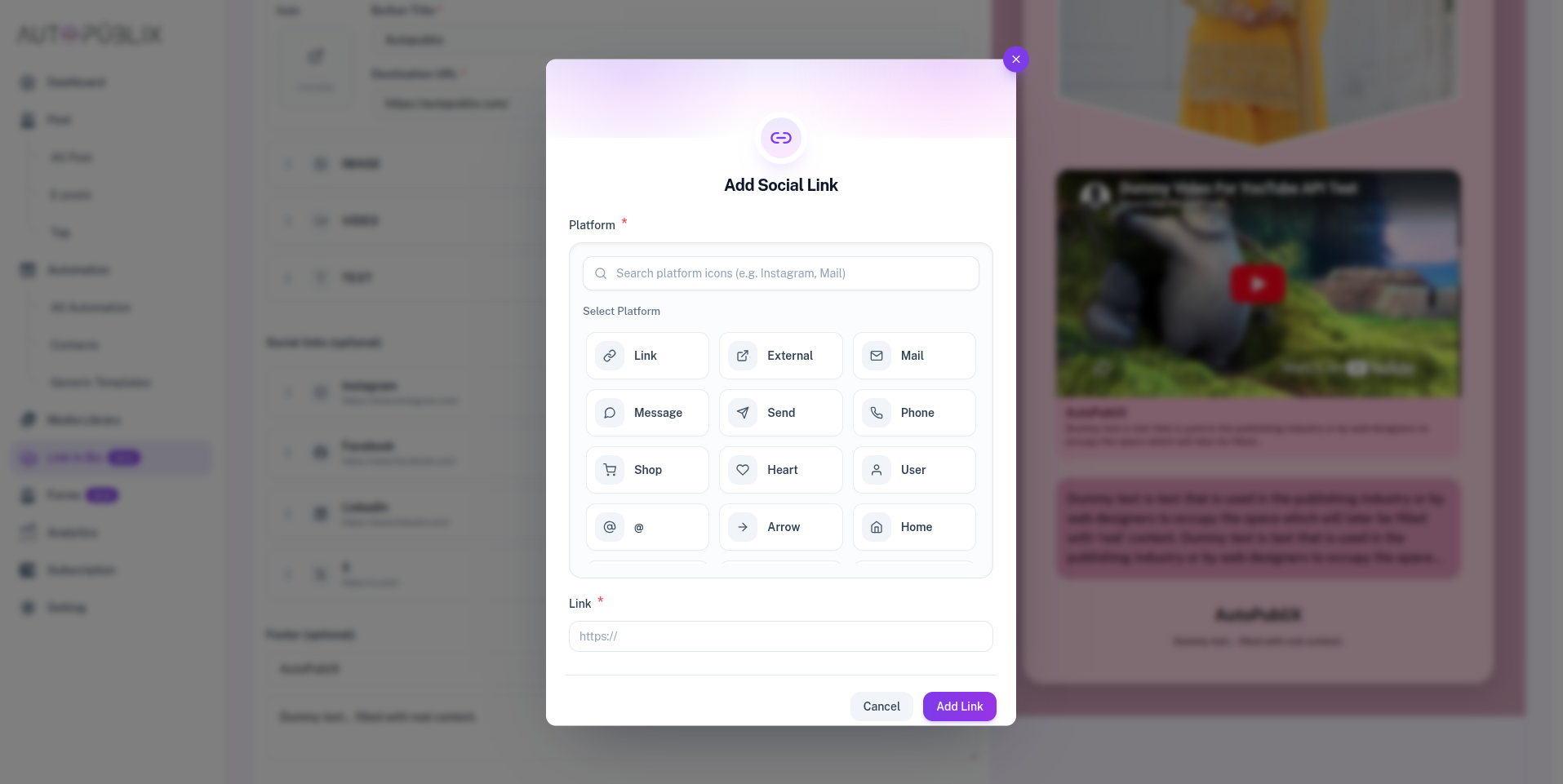 Add Link social icon options