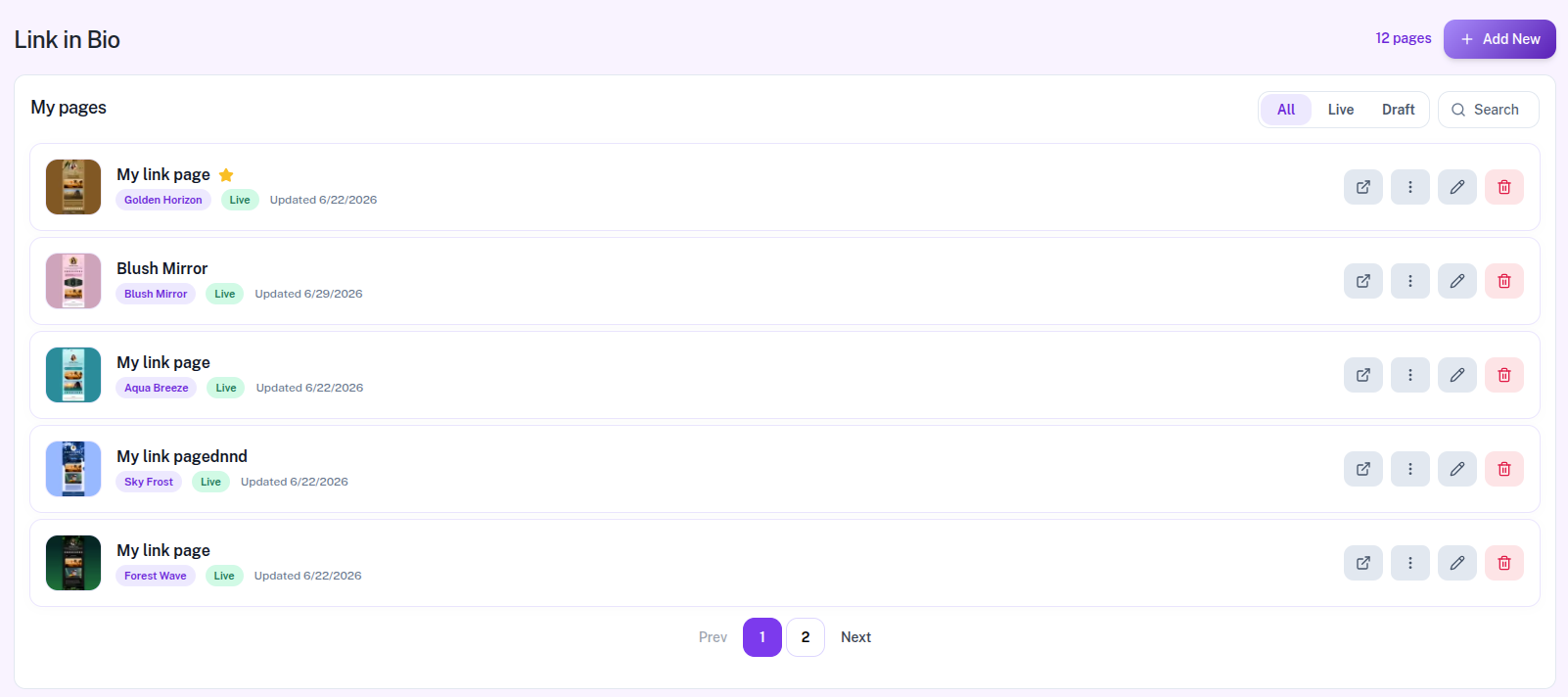 Link In Bio My pages list