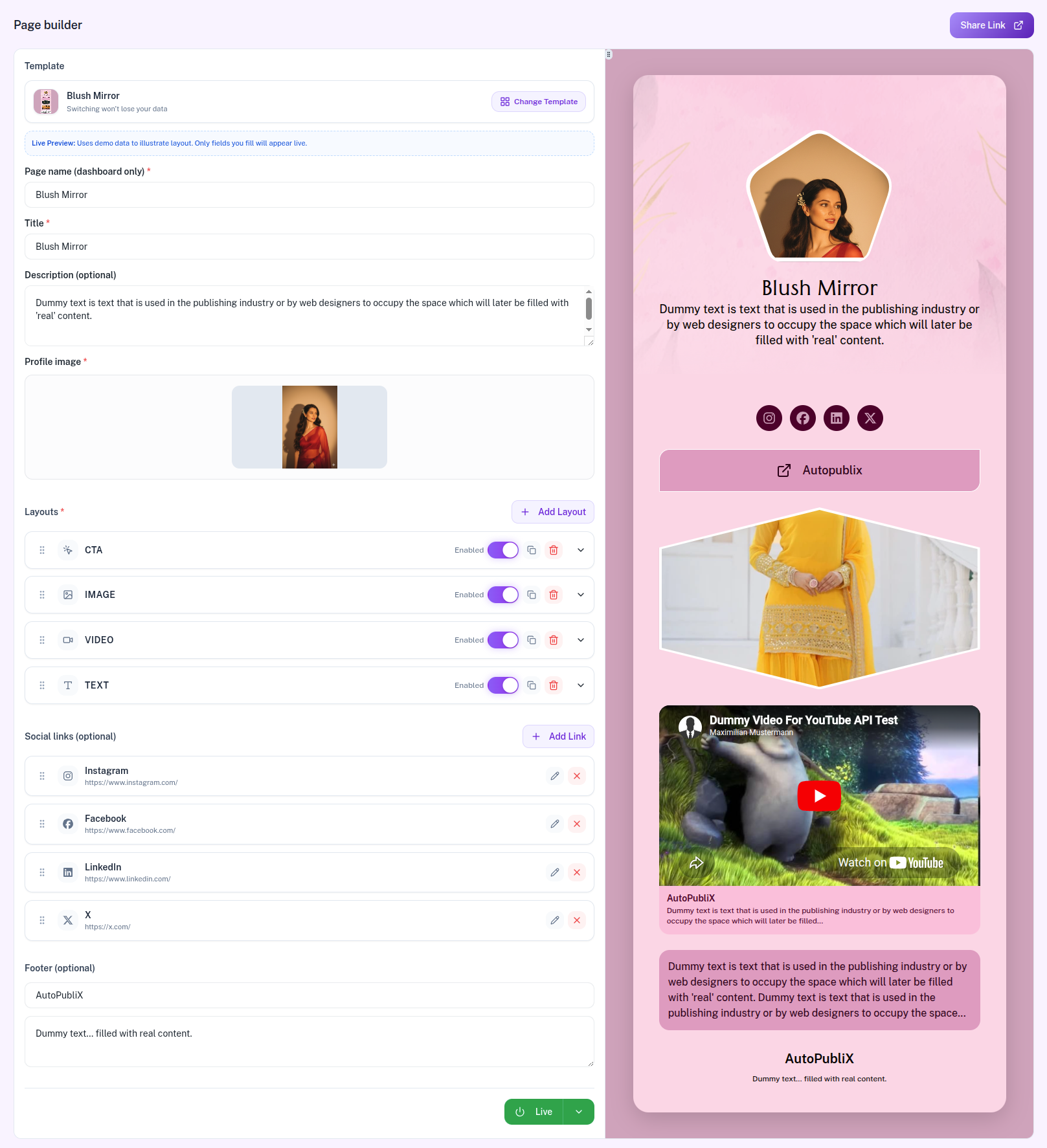 Page builder with settings and preview