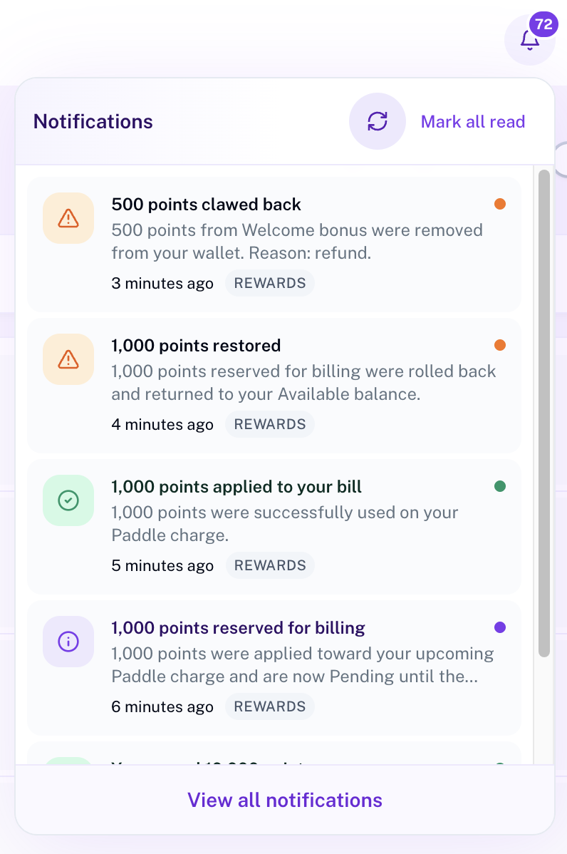 Notification bell popover with recent Rewards alerts