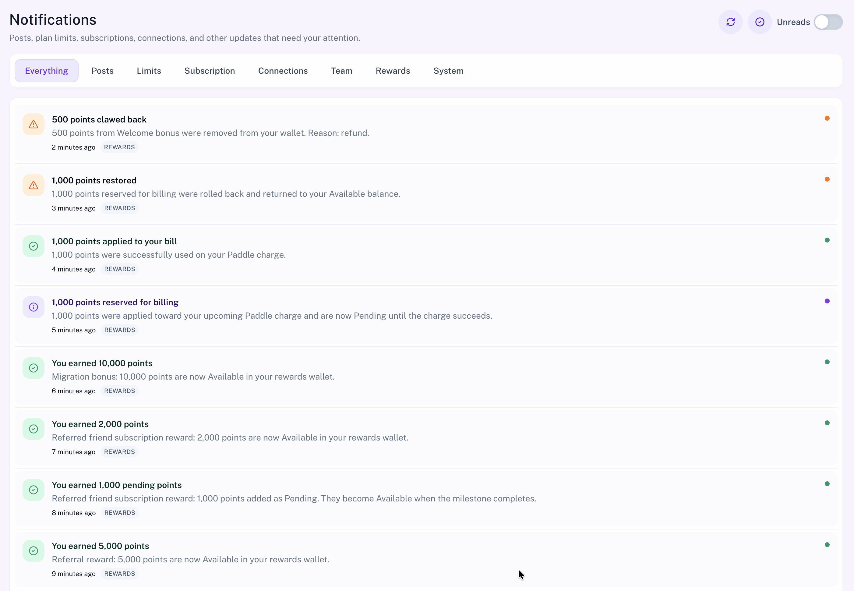 Notifications center with category tabs and Rewards alerts