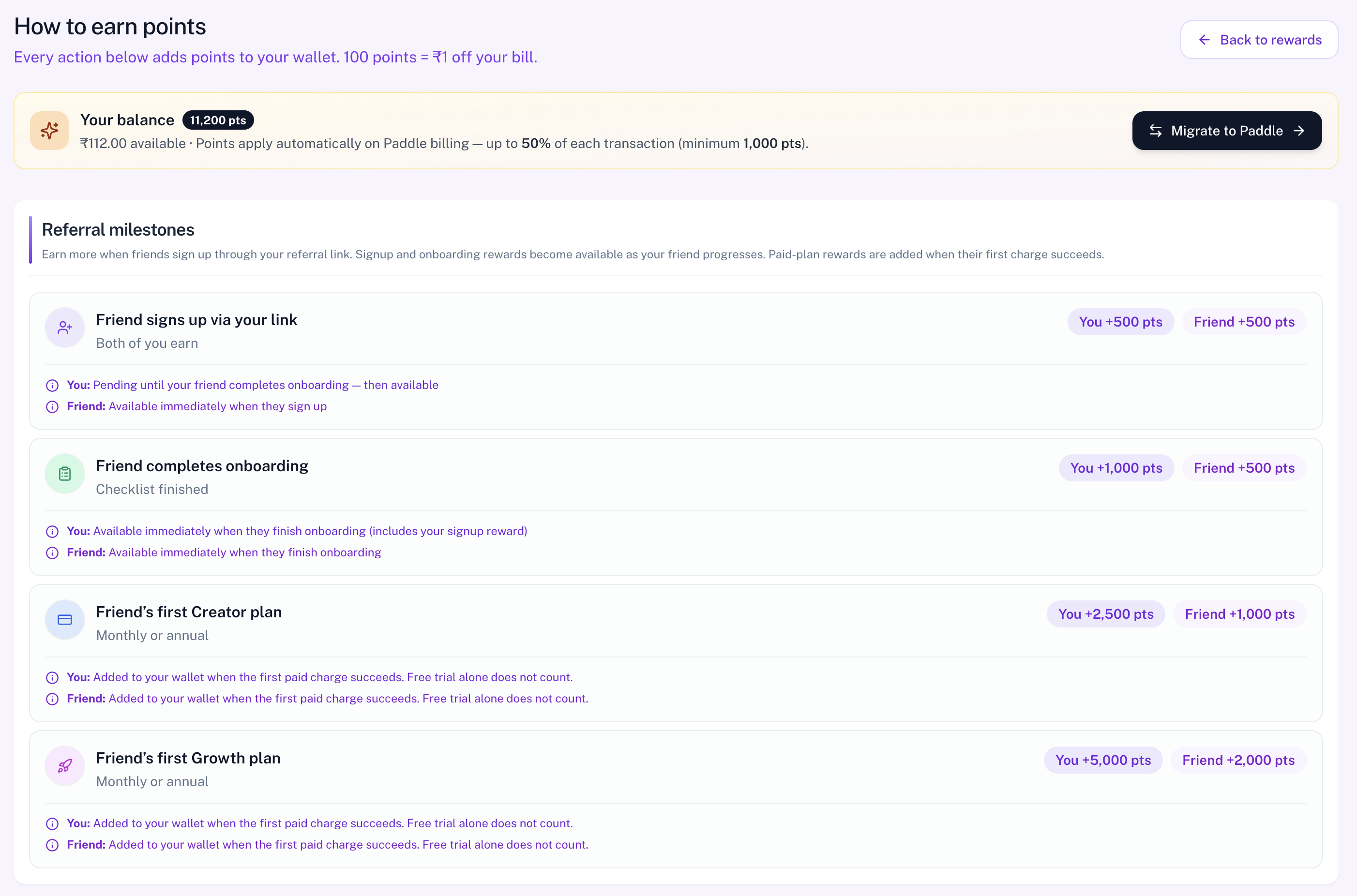 How to earn points page with balance and referral milestones