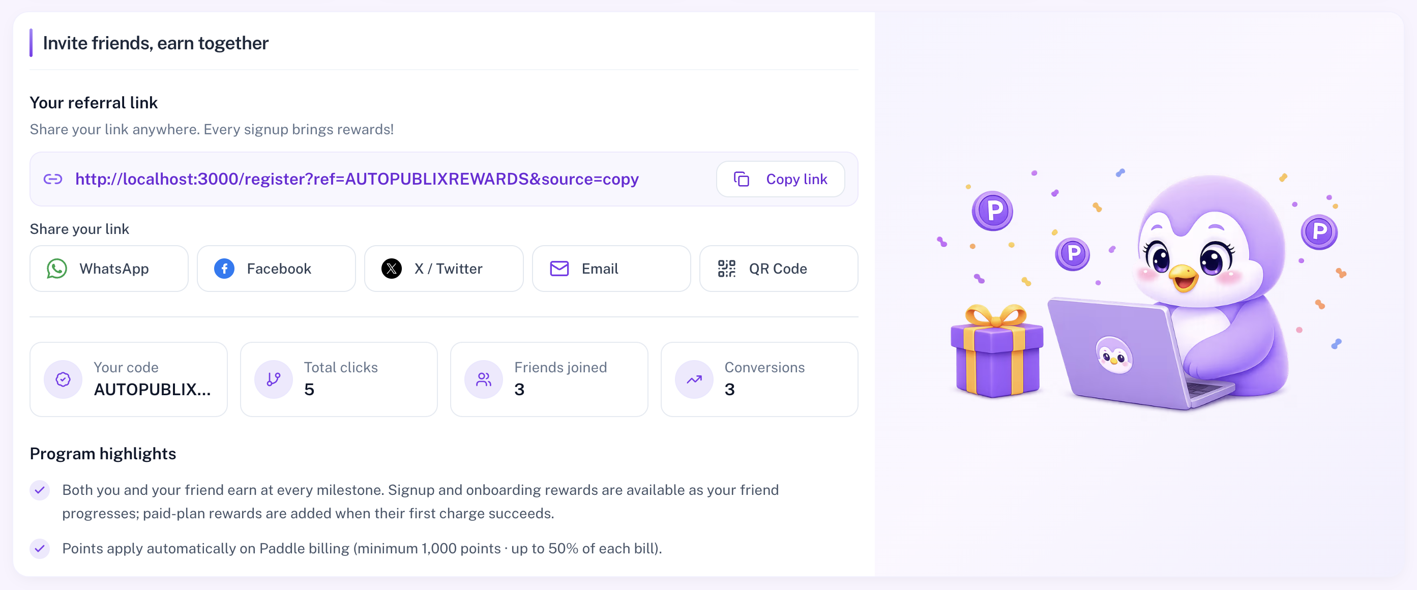 Invite friends referral link and share options