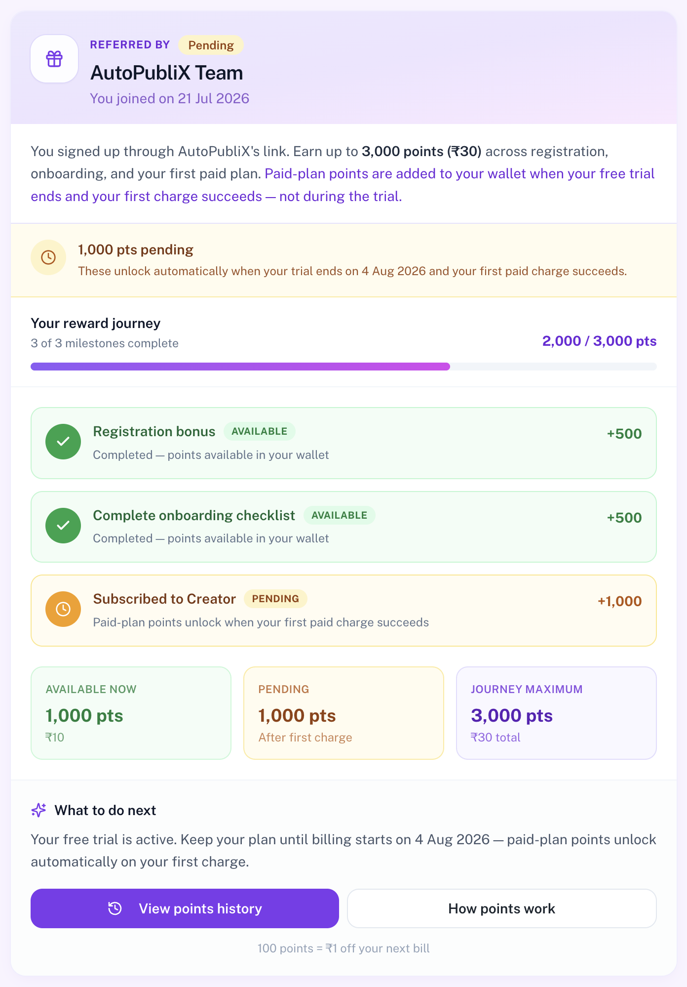 My referrer card with reward journey milestones