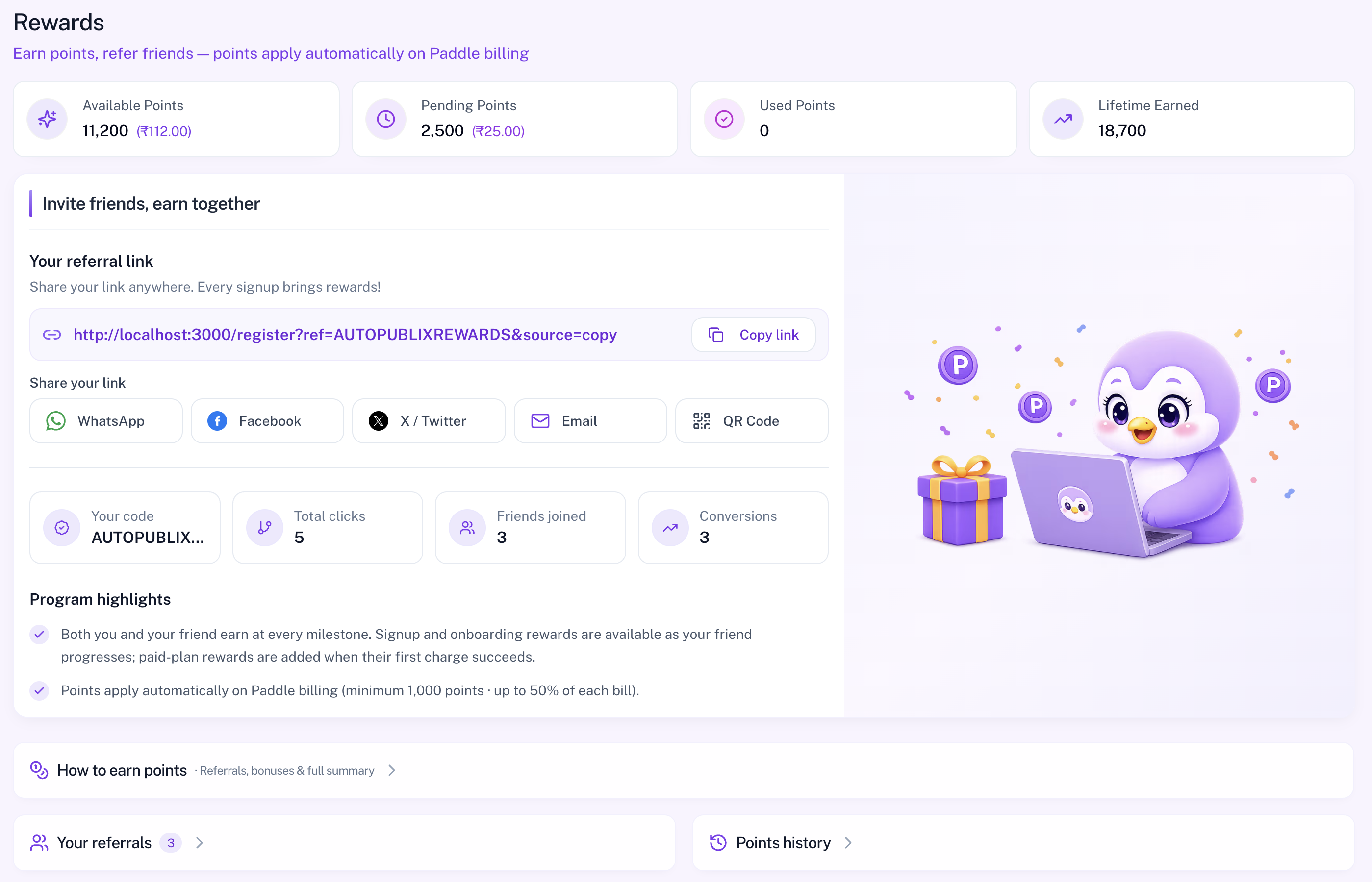 Rewards hub with wallet totals and invite friends