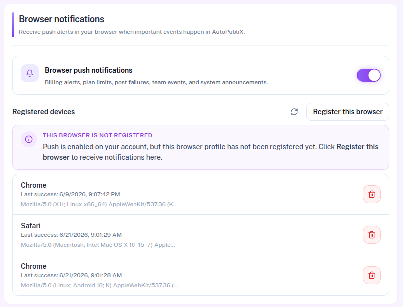 Notification preferences and device list