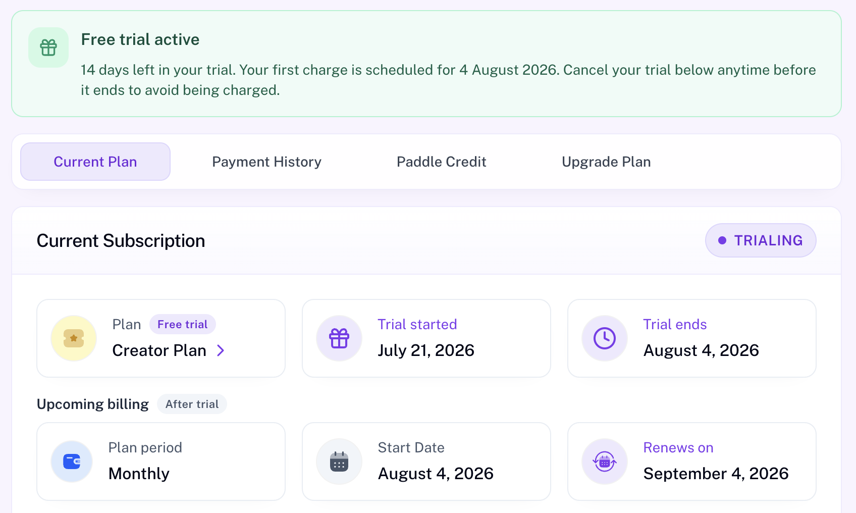 Free trial banner with TRIALING badge, trial dates, and upcoming billing