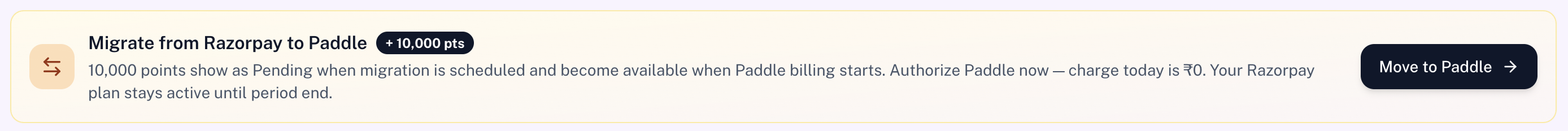 Migrate from Razorpay to Paddle banner with 10,000 points bonus