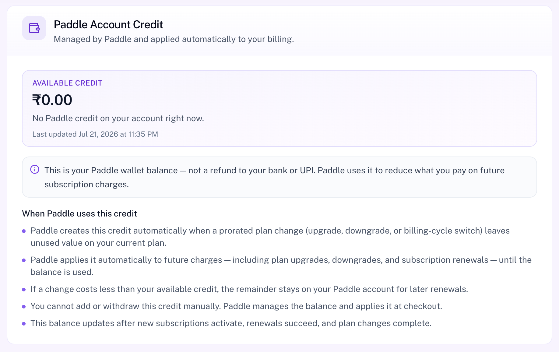 Paddle Account Credit with available balance and when credit is used